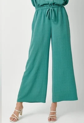 Pantalones de gasa Mystree pierna ancha tiro alto jersey medio cintura elástica verde azulado nuevos con etiquetas Foto 1 de 4