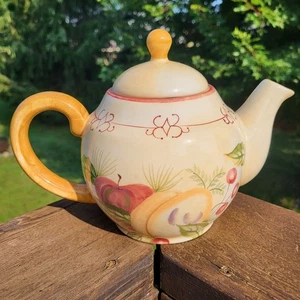 Crate and Barrel Fruit Teapot Apples Cherries Peaches Tea Pot Tan Decorative - Picture 1 of 7