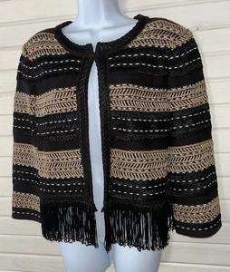 St John Boutiquen Gr. 14 Strick Jacke Damen Fransen Saum schwarz khaki braun Wolle - Bild 1 von 15