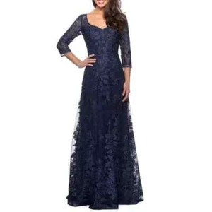 Neu mit Etikett La Femme 28053 atemberaubendes A-Linien-Kleid Spitze Blumen bestickt marineblau Größe 6 578 $ - Bild 1 von 2