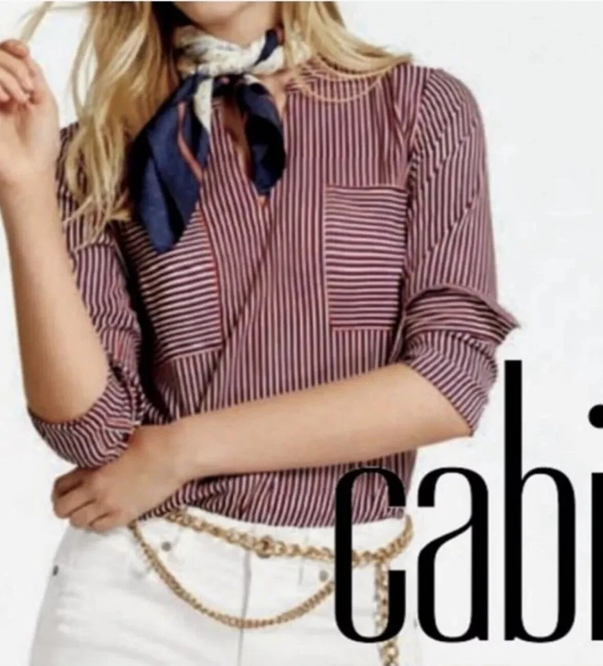 Cabi 5335 Red Striped Franklin Popover Long Sleeve Career Blouse Size Medium - Image 1 of 4