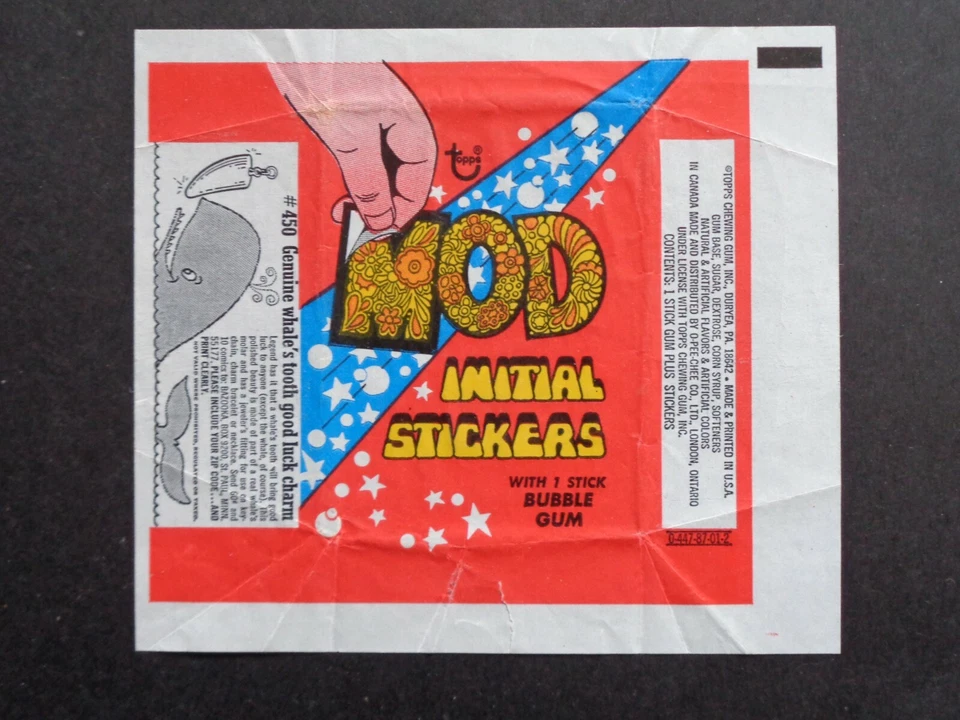 1972 TOPPS *MOD INITIAL STICKERS* WAX WRAPPER (Whales tooth charm ad) **RARE** - Image 1 of 2