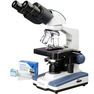 Microscopio binocular compuesto de laboratorio LED AmScope 40X-2500X con escenario mecánico 3D + diapositivas - Imagen 1 de 8
