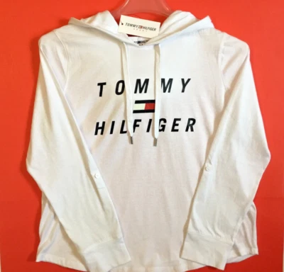 TOMMY HILFIGER Sport женщин длинным рукавом пуловер толстовка с капюшоном размер большой белый новый - Изображение 1 из 4