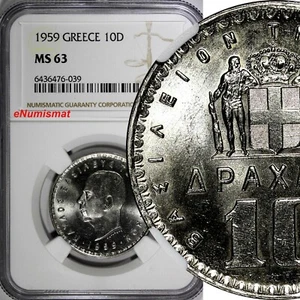 Greece Paul I 1959 10 Drachmai NGC MS63 30 mm Paris Mint KM# 84 (039) - Picture 1 of 4