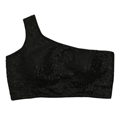 Blusa corta de mujer con lentejuelas brillantes de un hombro de diseñador Choli acolchada cosida Foto 1 de 3