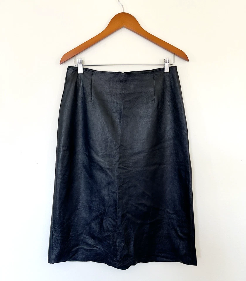 VTG BCBG Max Azria Womens Y2K 100% Leather Skirt Sz 8 Black Lined Soft Chic Edge - Image 1 of 4