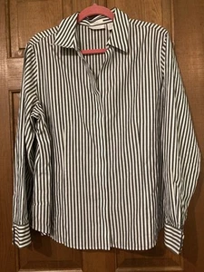 Chico's Sz 3 - XL White Black Silver Striped Button Up Shirt Long Sleeve No Iron - Picture 1 of 7