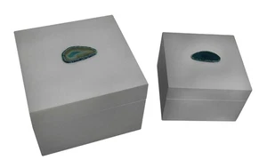 Scratch & Dent Pair of Glossy White Decorative Boxes With Blue Agate Accents - Picture 1 of 7
