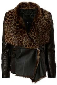 BARBARA BUI GIACCA PELLE DI AGNELLO SHEARLING STAMPA LEOPARDO NERA TG.XS - Foto 1 di 5