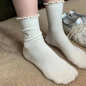 Flower Embroidery Solid Color Curling Cute Playful Lace Mid-Tube Stacked Socks - Picture 1 of 13