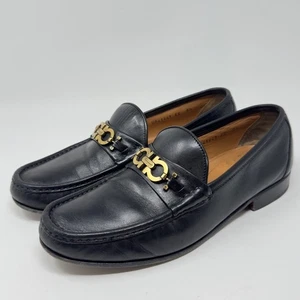 Vintage Salvatore Ferragamo Gancini Loafers Black Leather Size 8.5 EE - Picture 1 of 10