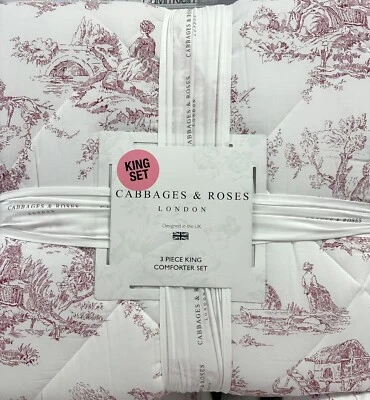 Cabbages & Roses KING Country Toile Ruset Red-~White Comforter~2 King Shams NEW - Image 1 of 4