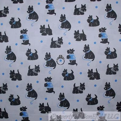 BonEful Fabric FQ Cotton Quilt White Gray Blue Dot DOG Scottie Scottish Terrier - Image 1 of 4