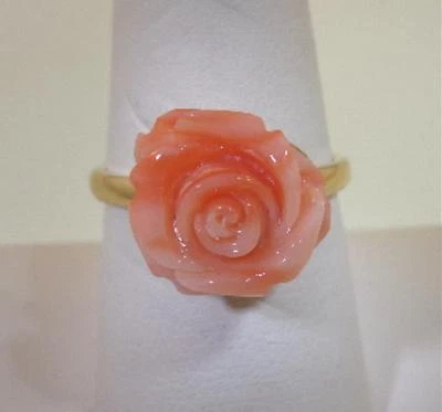ANILLO FLOR ROSA TALLADO CORAL ROSA NATURAL GENUINO ORO AMARILLO 14K SÓLIDO 8.0 #1 Foto 1 de 4
