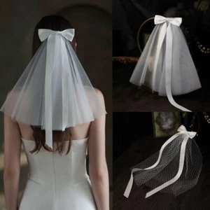 Fairy Bowknot Mesh Soft Tulle Veil Bridal Headwear Bow-knot Ribbon Wedding Veil - Picture 1 of 30