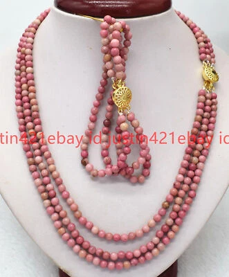 Juego de 3 filas de 4 mm de rodonita rosa cuentas redondas piedras preciosas collar pulsera 18-20" Foto 1 de 4