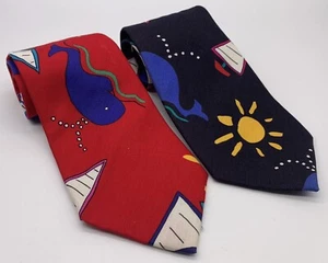 Vintage Lot of 2 GJ Cahn Cotton Ties Red Blue Whale Sailboat 80s 90s Retro - Picture 1 of 8