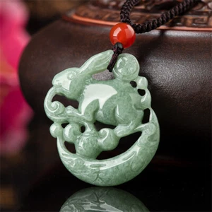 Retro Natural Grade A Jadeite Carved Cute Moon Rabbit Pendant Amulet Necklace - Picture 1 of 8