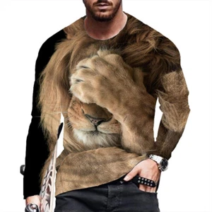 T Shirt Men's Lion 3D Graphic Brown Long Sleeve Casual Novelty T-Shirt Tee Dress - Picture 1 of 1