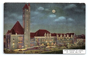 Postcard St. Louis Missouri Union Station Train Depot Cars Moonlight Night View - Picture 1 of 3