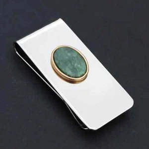 Gorgeous Oval Vibrant Green Jade Cabochon 14K Two-Tone Gold Over Money Clip New - Picture 1 of 9
