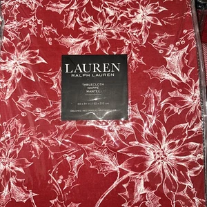 RALPH LAUREN Red/WHITE HOLLY /POINSETTIA 60”x84” COTTON OBLONG TABLECLOTH NIP - Picture 1 of 5