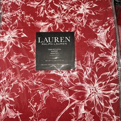 RALPH LAUREN Red/WHITE HOLLY /POINSETTIA 60”x84” COTTON OBLONG TABLECLOTH NIP - Image 1 of 4