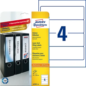Etiqueta de carpeta Avery forma especial L4761-10 40 uds. 192x61mm A4 ancho, corto, blanco - Imagen 1 de 3