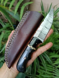 Custom Camping Hunting Pocket knife 3.9" Damascus, Full tang, Buffalo horn/Brass - Picture 1 of 22