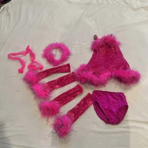 Mädchen Tanzkostüm mit Zubehör Hot Pink Pailletten Federn Kind Klein 4-6 - Bild 1 von 10