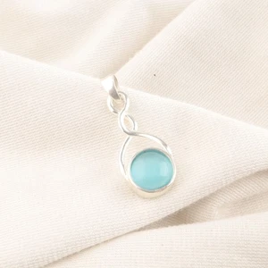 Round Cut Blue Cat's Eye Stone Sterling Silver Bezel Sister Wedding New Pendant - Picture 1 of 6
