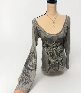 Sinful Affliction Look thermal top rhinestone cross wings tattoo long sleeve M - Picture 1 of 3