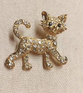 Cat Kitty Kitten Goldtone Clear Black Rhinestone Brooch Pin 1.38" NWOT - Picture 1 of 8
