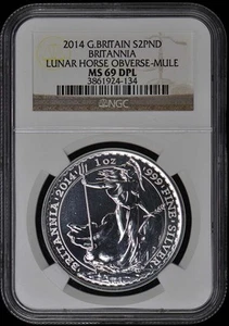 2014 GREAT BRITAIN SILVER 2 POUND BRITANNIA LUNAR HORSE OBV MULE NGC MS69DPL - Picture 1 of 2