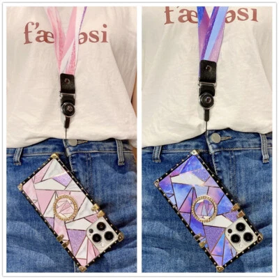 For iPhone Samsung Lanyard Splice Marble Case Ring Holder Shockproof Phone Cover - Image 1 of 4