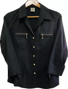 ANNE KLEIN Black 3/4 Length Roll Tab Sleeve Gold Zip Pockets Collared Shirt Sz M - Picture 1 of 5