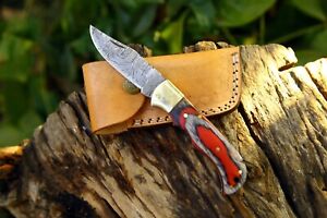 Pak Damascus Handmade Folding / Pocket Damascus Steel Knife With Leather Sheath