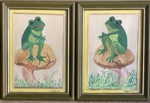 Vintage Paar Original Ölgemälde skurrile Froschbilder signiert gerahmt Kunst - Bild 1 von 17