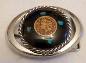 Vintage Western Türkis eingelegt 1887 Indian Head Penny silberfarbene Gürtelschnalle - Bild 1 von 7