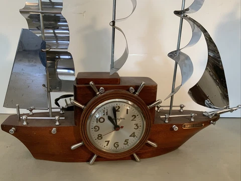 WORKS! Vintage Wood Nautical Sailing Boat Ship Electric Clock Mastercrafters Cover