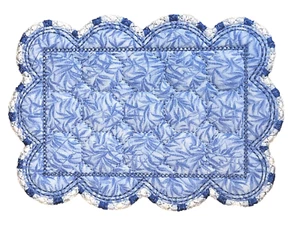 Handmade Fabric Mug Rug Embroidered Quilted Coaster Blue Scalloped Floral B4 - Picture 1 of 4