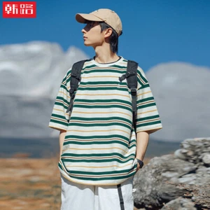 Men's Trendy Short-sleeved Fashion Retro Contrast Striped T-shirt Loose Top - Picture 1 of 13
