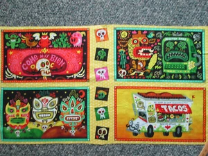 TACO TRUCK SKULLS MUEY BIEN DIGITAL ART 4 BLOCK COTTON FABRIC PANEL  - Picture 1 of 12