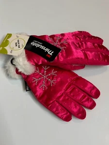 Thinsulate Gloves Girls Size Medium 8 Pink Snowflake 40G Faux Fur Winter - Picture 1 of 4