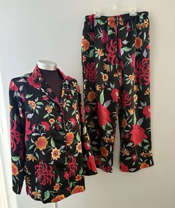 Natori Floral Pajama Set Size M Black Silky Satin Matching Pants & Top - Picture 1 of 16