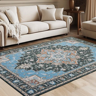 Alfombra de área 5x7 para sala de estar, alfombra de área lavable vintage respaldo antideslizante baja... Foto 1 de 4