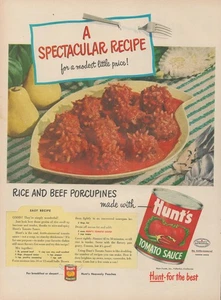 1953 Hunt's Tomato Sauce Spectacular Recipe Rice and Beef Porcupines Print Ad - Picture 1 of 1