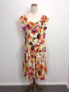 Chutney Mary Womens Dress 14 White Pink Floral Pleated Fit Flare Rockabilly 80s - Picture 1 of 13