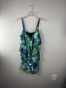 Fit4U Swimsuit 18W Womens Blue Full Coverage V-Tiered Ruffled Romper Fit 4 You - Picture 1 of 11